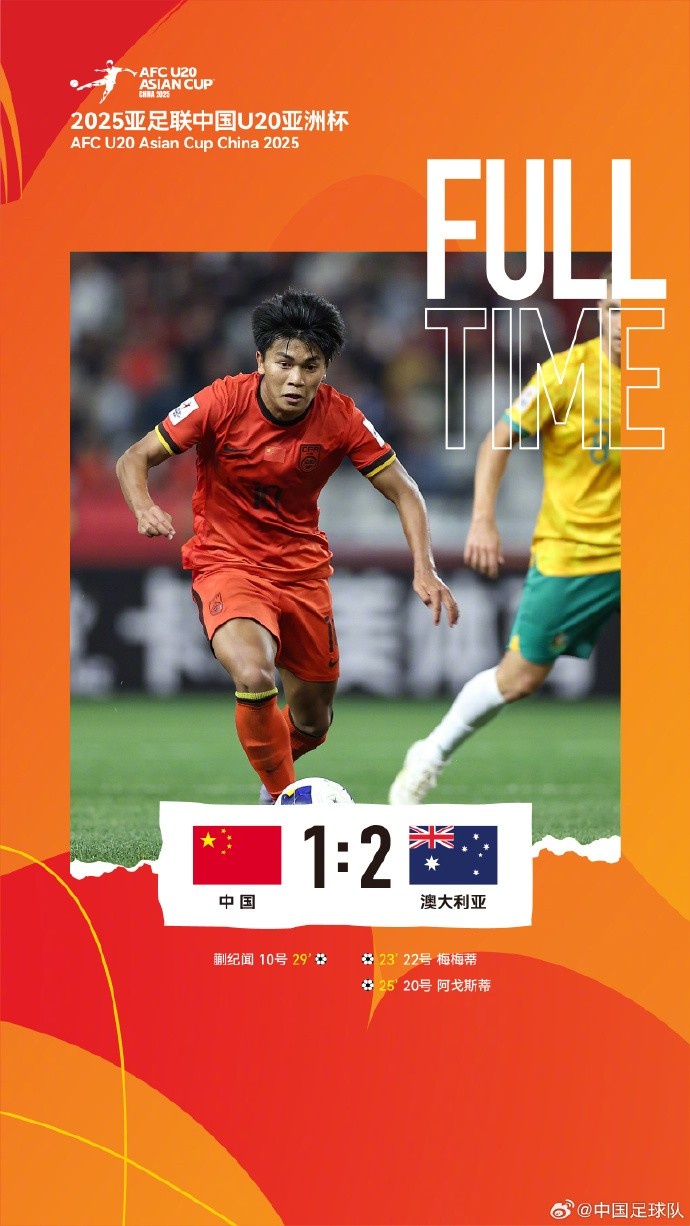  U20亞洲杯小組賽A組第三輪，中國隊(duì)1比2負(fù)于澳大利亞隊(duì)