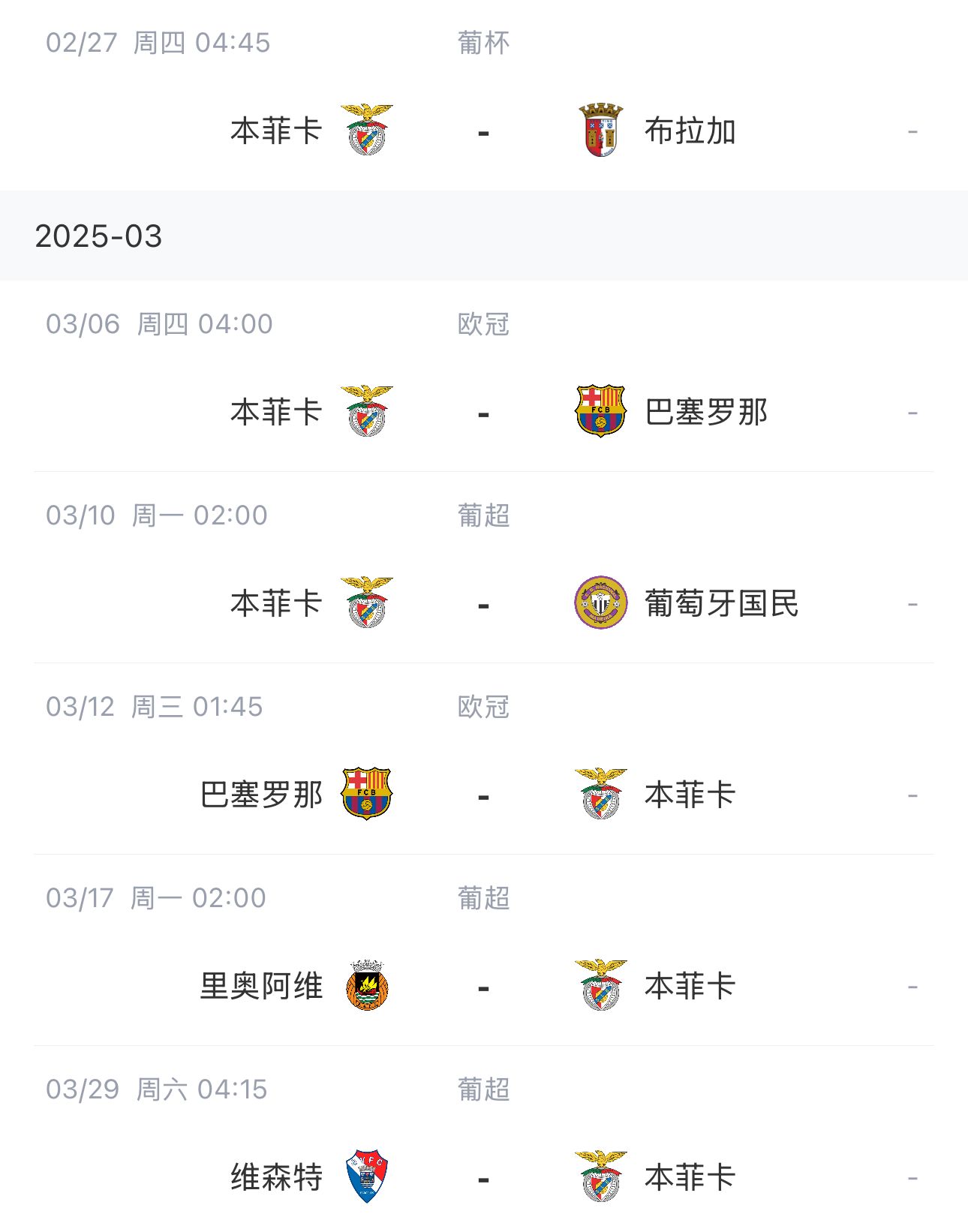  讓路歐冠！本菲卡戰(zhàn)巴薩首回合比賽前的葡超比賽推遲進(jìn)行