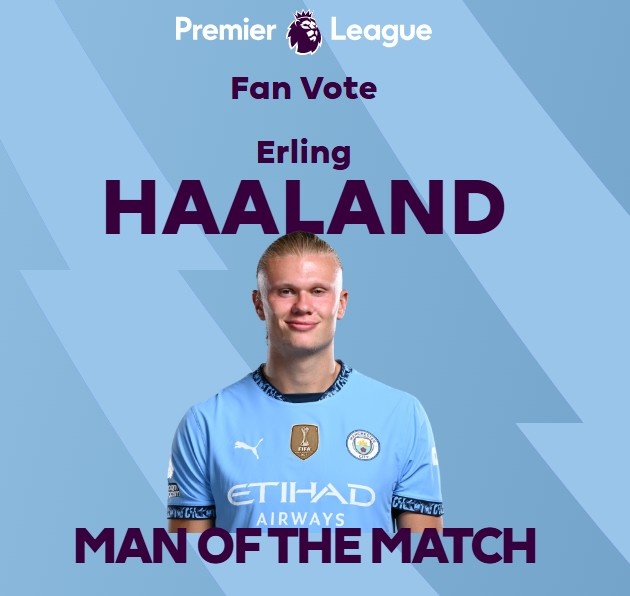  打進致勝球！英超官方：哈蘭德當選曼城1-0熱刺全場最佳球員